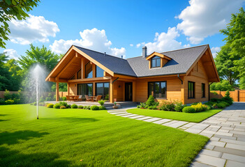 Fototapeta premium A luxurious large home with a modern wooden eco-friendly villa facade. Timber cottage with a lawn water sprinkler.