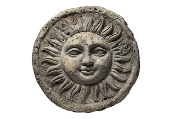 Ancient weathered stone carving of a sun with a face.