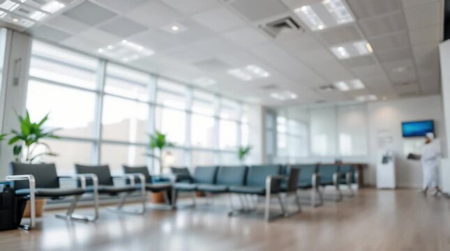 Blurred waiting room for patients with doctor appointment in modern health clinic in private practice hospital.