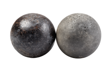 Two dark gray textured metal spheres isolated on white background.