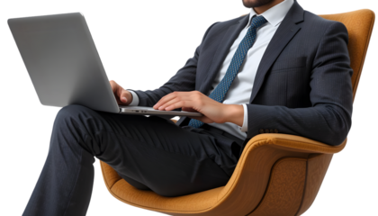 Man in a suit working on a laptop while sitting in a chair, isolated on transparent background