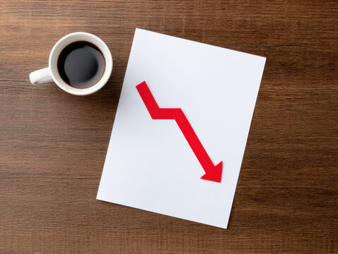 Gold price surge, gold price surge contrasts with downward red arrow on paper beside coffee cup on wooden table showing market tension
