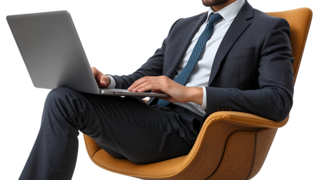 Man in a suit working on a laptop while sitting in a chair, isolated on transparent background