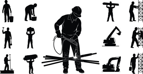 Construction workers silhouettes, heavy equipment, welding, scaffolding, teamwork, manual labor, industrial site, construction tools, safety gear, engineering workforce.