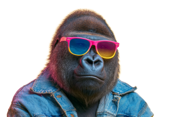 Cool Gorilla in Colorful Sunglasses and Denim Jacket