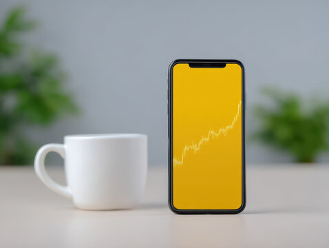 Gold price surge, Gold price surge shown on smartphone screen with white coffee cup on table in blurred background