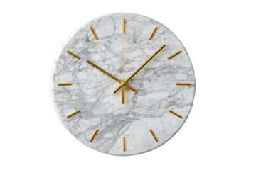 Elegant round wall clock with a white marble face and golden hands.