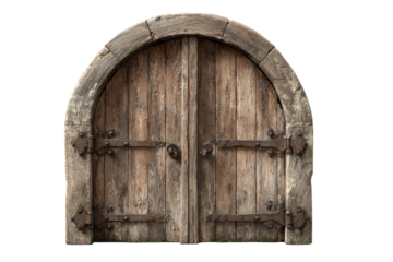 Old rustic arched double wooden door with stone frame.