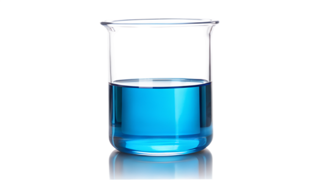 Laboratory glassware with blue liquid, representing chemistry, science, and research isolated on transparent background