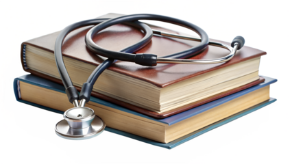 Stethoscope resting on a stack of books isolated on transparent background, symbolizing medical knowledge, education, and the pursuit of healthcare expertise