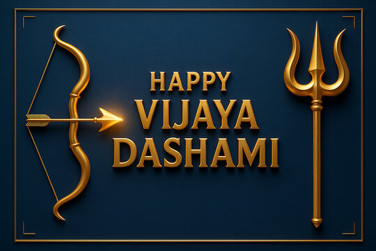 Happy vijaya dashami, a festive image with a bow and arrow and a trishul against a deep blue background, symbolizing the triumph of good over evil