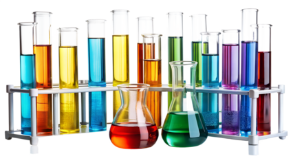 Colorful test tubes with different liquids isolated on transparent background, science experiment, laboratory glassware, chemical research and analysis