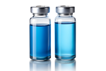 Two vials with blue liquid isolated on transparent background, medical research, pharmaceutical industry, vaccine development, drug discovery, and healthcare