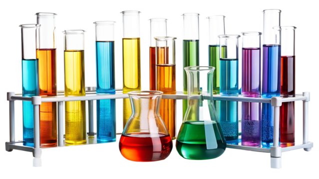 Colorful test tubes with different liquids isolated on transparent background, science experiment, laboratory glassware, chemical research and analysis