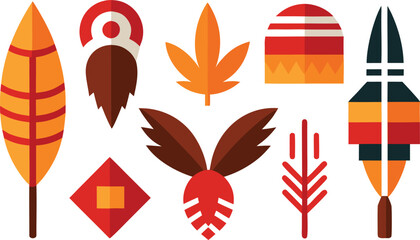 Indigenous peoples day icons collection featuring colorful feathers and geometric shapes vector illustration