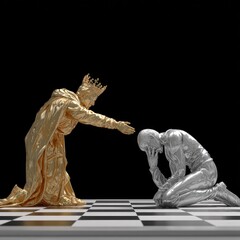 A regal figure in gold extends a hand to a sorrowful, metallic figure on a checkered board.