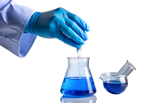 Scientist in blue gloves carefully adding a substance to a flask with blue liquid, isolated on transparent background