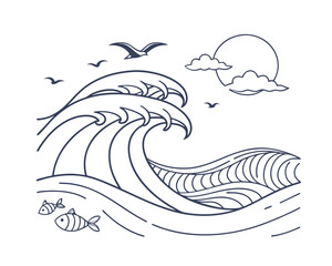 Ocean Wave Illustration with Fish Birds and Sun Line Art Style Coastal Nature Graphic Design Element Artistic Ocean Scene Template