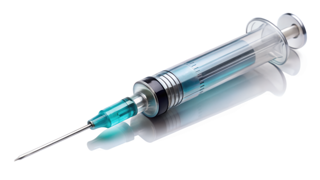 Syringe with blue liquid isolated on transparent background, commonly used for medical injections, vaccinations, or drawing blood samples in healthcare settings