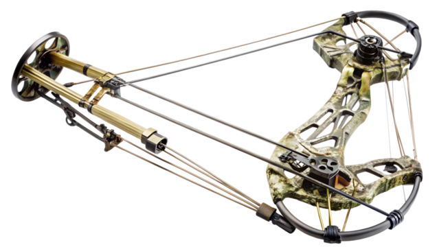 Compound bow isolated on transparent background, a modern archery weapon used for hunting and target practice, showcasing its intricate design and functionality