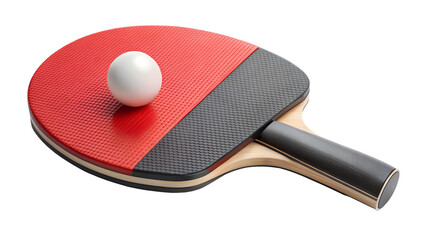 Closeup of a red and black ping pong paddle with a white ball isolated on transparent background, showcasing the sports equipment and details