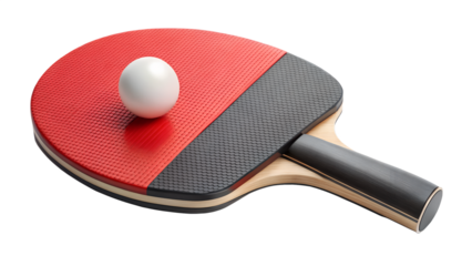 Closeup of a red and black ping pong paddle with a white ball isolated on transparent background, showcasing the sports equipment and details