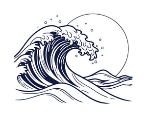 Great wave illustration artwork depicting ocean wave with full moon on white background art and graphic design vector wallpaper style