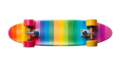 Colorful skateboard isolated on transparent background the skateboard has a rainbow stripe from red to blue, creating a vibrant and eyecatching design