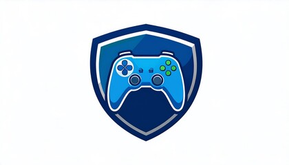 Blue game controller in shield graphic