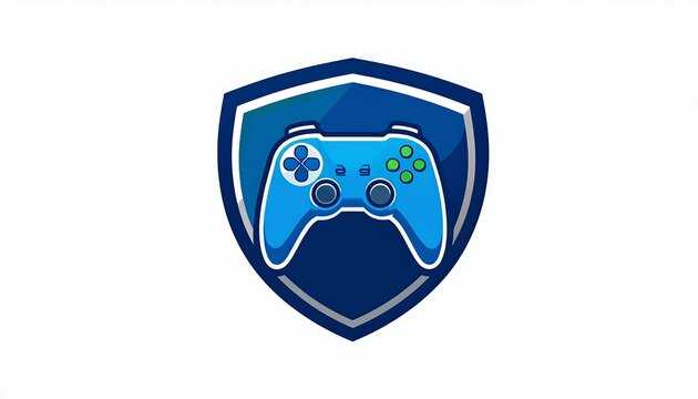 Blue game controller in shield graphic