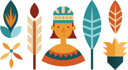 Indigenous peoples day icons collection featuring feathers and character illustration