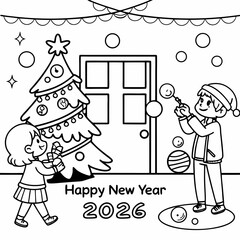 Greetings moment of New year 2026 night background vector illustration of coloring page black and white