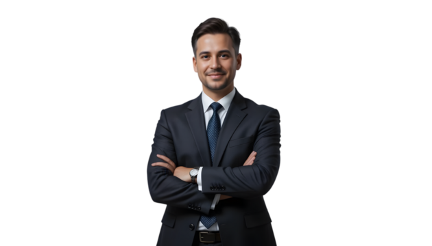 A confident businessman in a dark suit and tie stands with his arms crossed, smiling directly at the camera, isolated on a transparent background