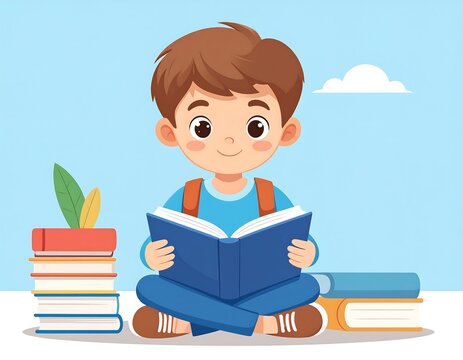 Cute boy reading a book surrounded by books - Powered by Adobe