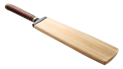 A cricket bat isolated on transparent background, crafted from wood with a grip on the handle, used for striking the ball in the sport of cricket