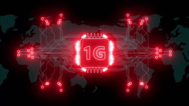1G Microchip Technology Background. Glowing circuit board Technology chip with 1G processor background glowing animation. Digital pulses and signals from the chip propagate through the motherboard