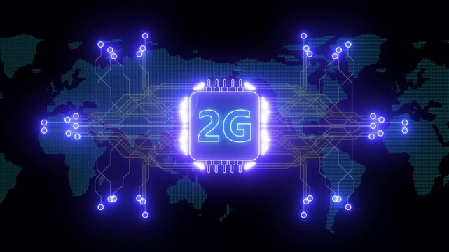 2G Microchip Technology Background. Glowing circuit board Technology chip with 2G processor background glowing animation. Digital pulses and signals from the chip propagate through the motherboard
