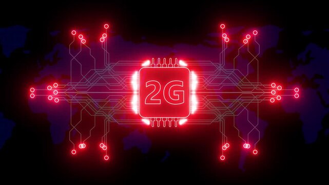 2G Microchip Technology Background. Glowing circuit board Technology chip with 2G processor background glowing animation. Digital pulses and signals from the chip propagate through the motherboard