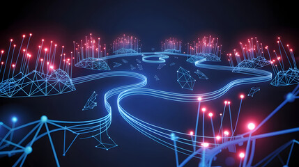 Abstract blue glowing network pathways with red nodes