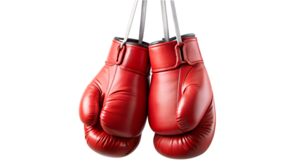 Pair of red boxing gloves hanging isolated on transparent background, symbolizing combat, competition, and the sweet science of pugilism