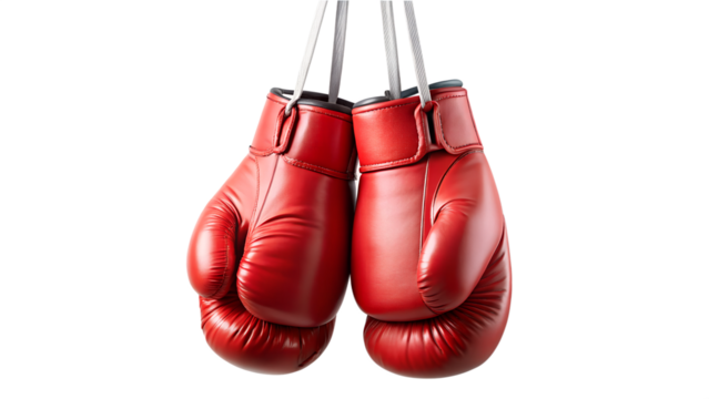 Pair of red boxing gloves hanging isolated on transparent background, symbolizing combat, competition, and the sweet science of pugilism