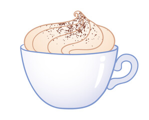 Vector illustration of hot drink with whipped cream and chocolate sprinkles in a white cup. Flat design, isolated 