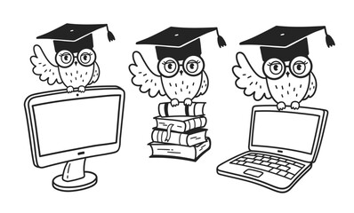 Vector illustration of wise owls in graduation hats with books, laptop, and monitor. Line art, isolated objects.