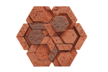 Geometric hexagonal pattern of red brown textured tiles isolated on white.