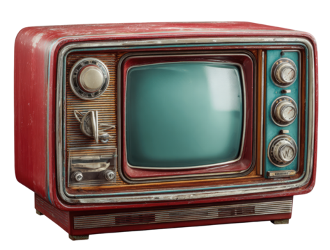 Vintage red television, worn and weathered, with a teal screen.  Control knobs and a muted wooden panel