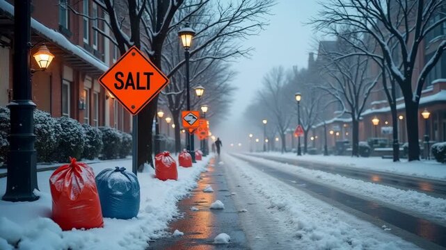 Realistic winter safety scene showing warning signs near icy sidewalk, salt and sand bags, gloves, and street lamps with clear lighting.

