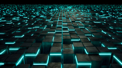 Fototapeta premium A futuristic grid of glowing cubes fading into infinite perspective