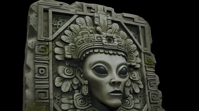 carved stone with a gray alien face in the style of Mayan culture