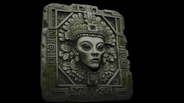 stone sculpture of an alien face as a Mayan king
