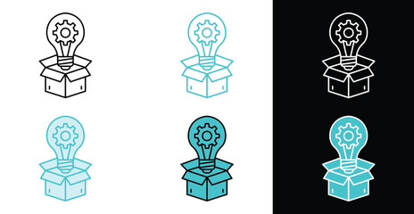 Creative innovation icon of a lightbulb and gear emerging from a package, showing a new concept